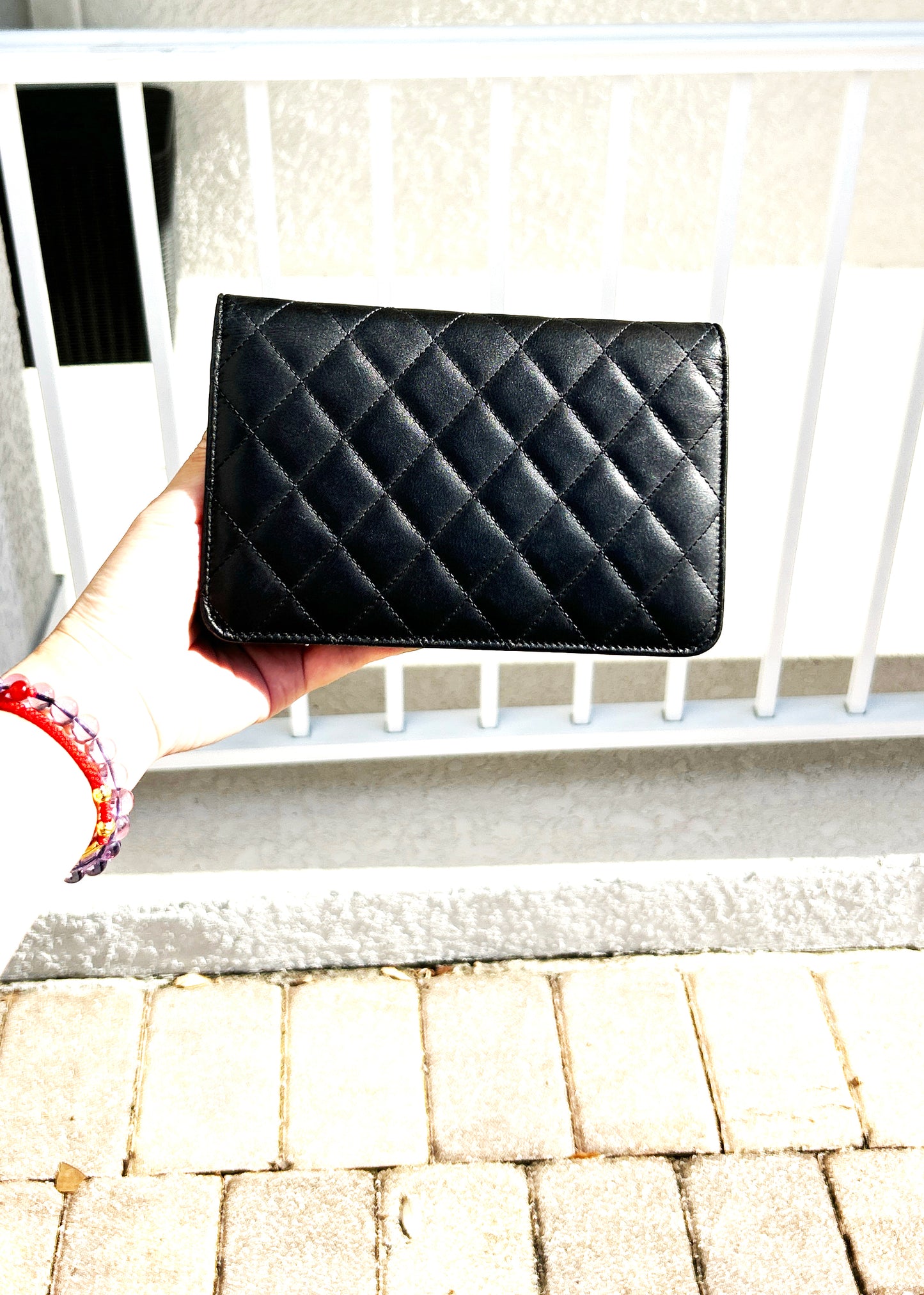 Chanel Black Leather Wallet with Chain Pink