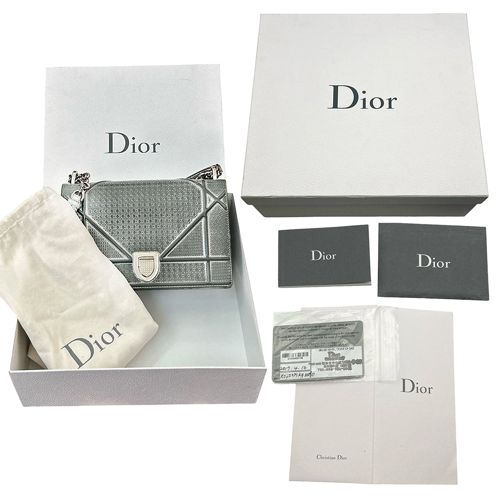 Christian Dior Silver Metallic Micro Cannage Patent Medium Diorama Flap Bag