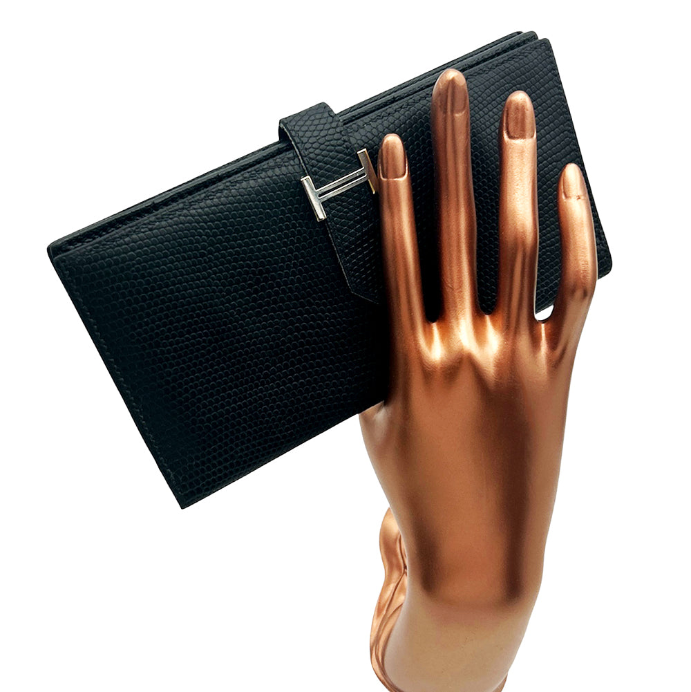 HERMES Lizard Bean Classic Long Wallet Black