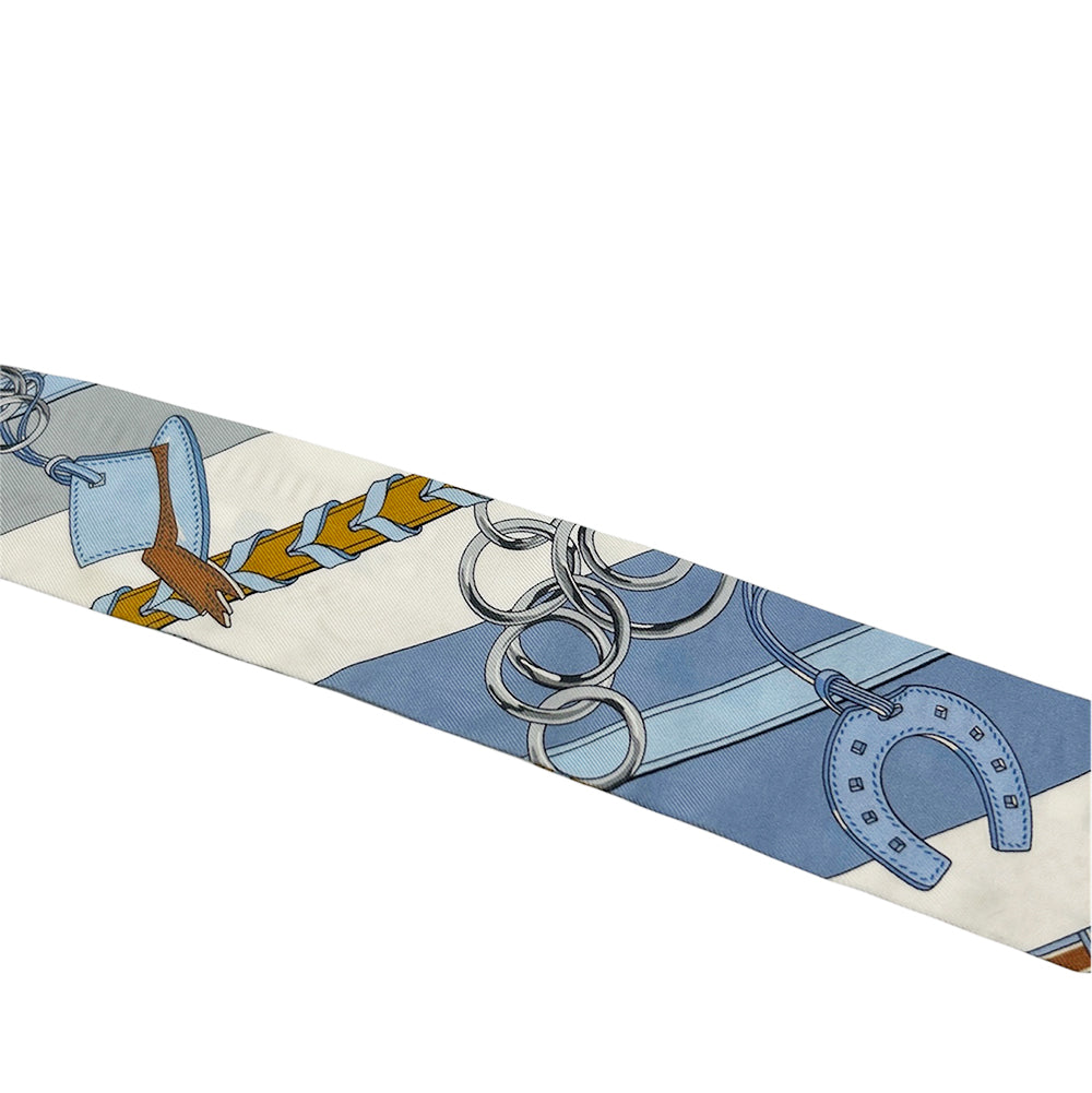 HERMÈS Twilly Brides et Gris Gris Blue Jean White 100% Silk