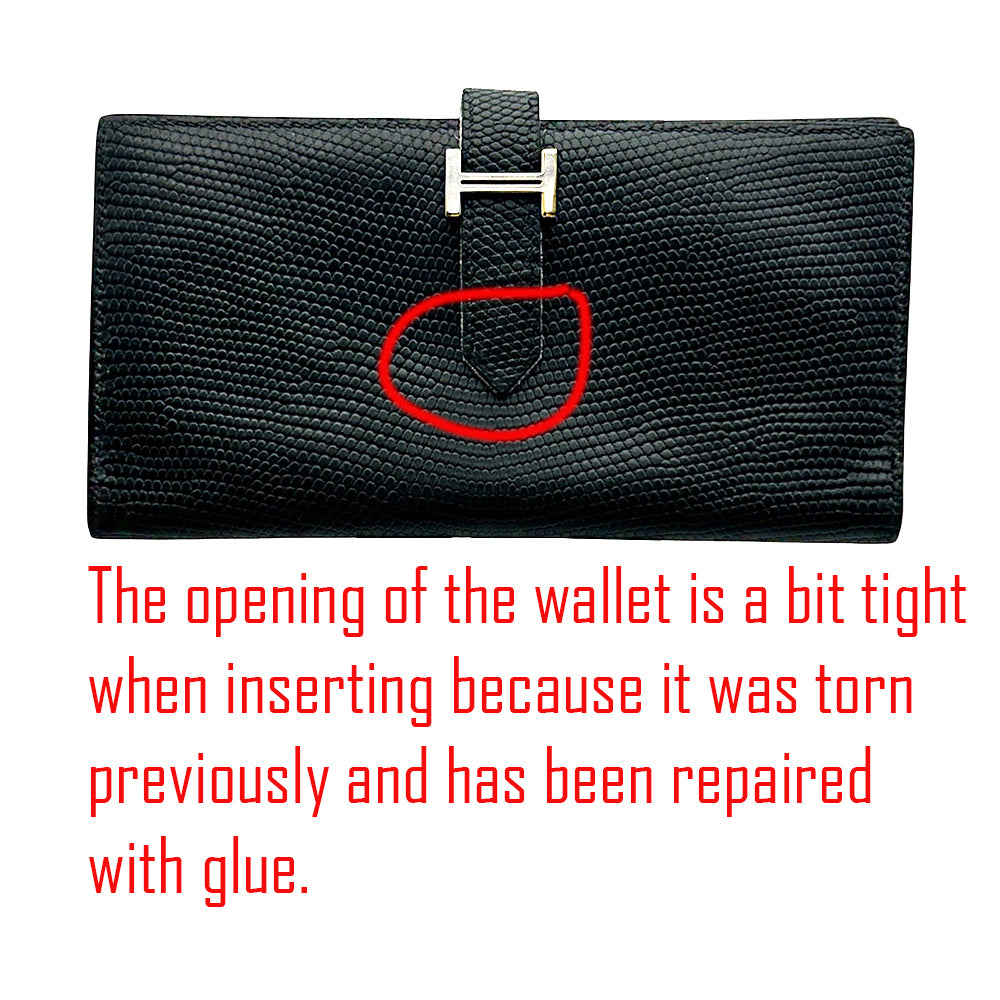 HERMES Lizard Bean Classic Long Wallet Black