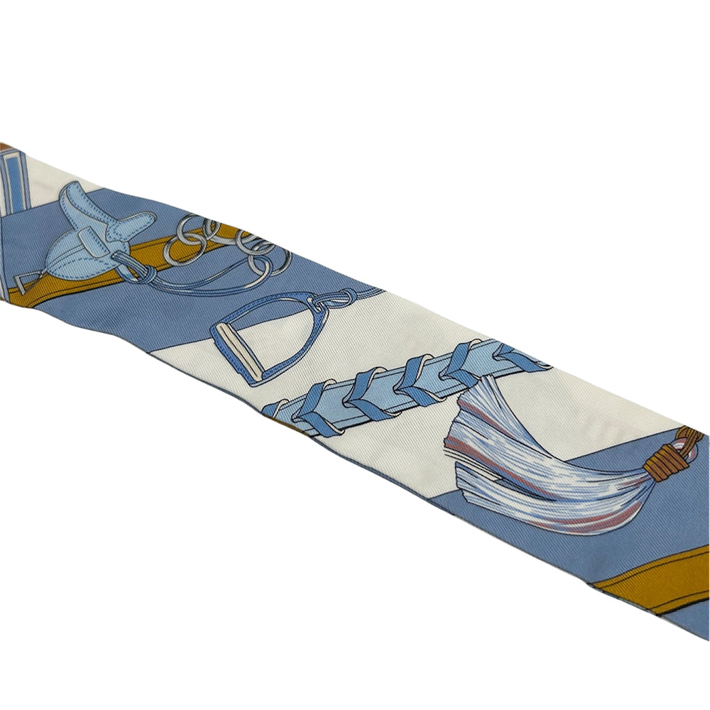 HERMÈS Twilly Brides et Gris Gris Blue Jean White 100% Silk