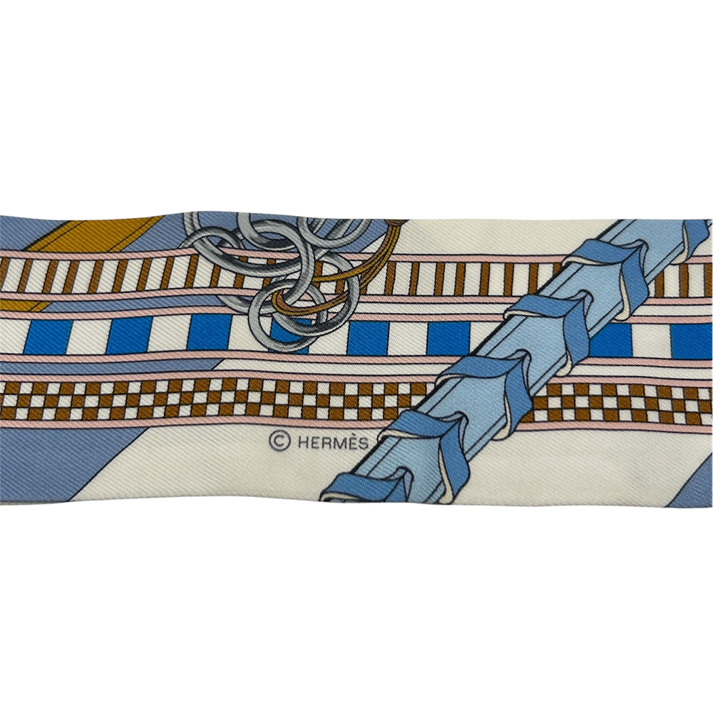 HERMÈS Twilly Brides et Gris Gris Blue Jean White 100% Silk