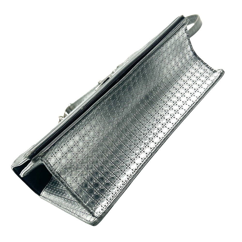 Christian Dior Silver Metallic Micro Cannage Patent Medium Diorama Flap Bag