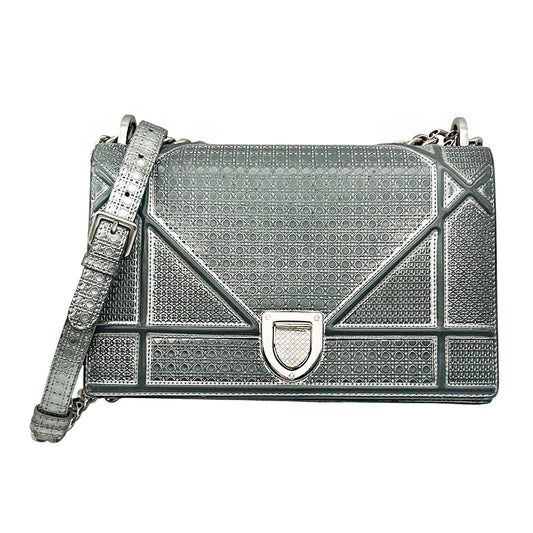 Christian Dior Silver Metallic Micro Cannage Patent Medium Diorama Flap Bag