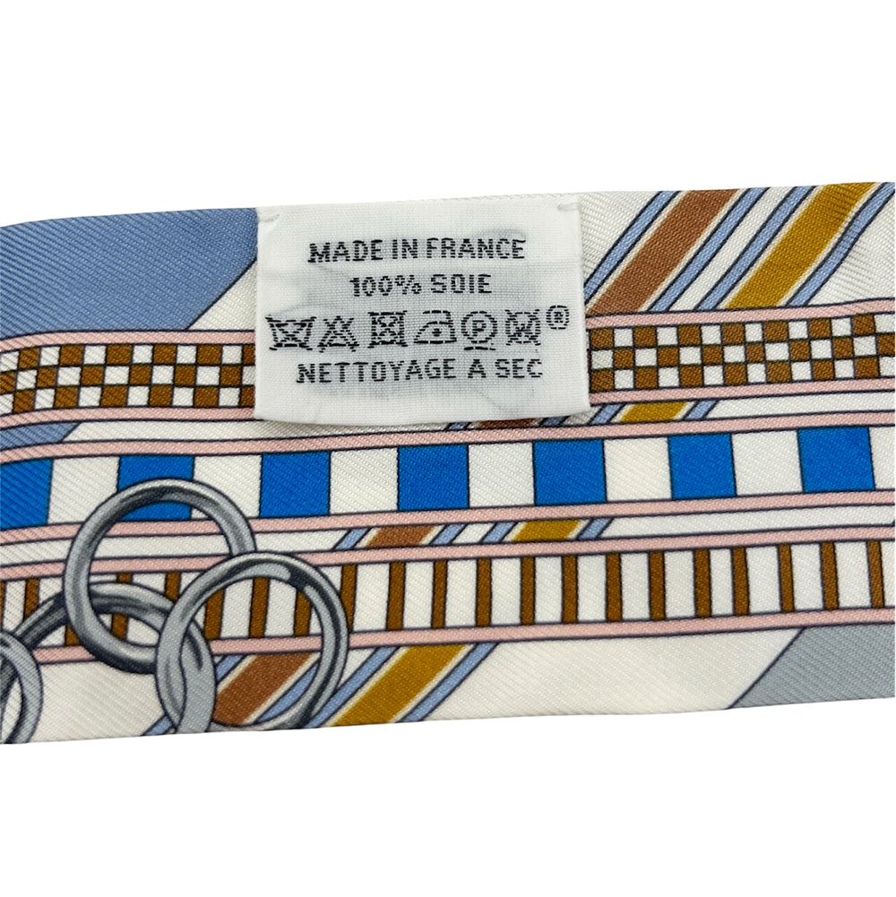 HERMÈS Twilly Brides et Gris Gris Blue Jean White 100% Silk
