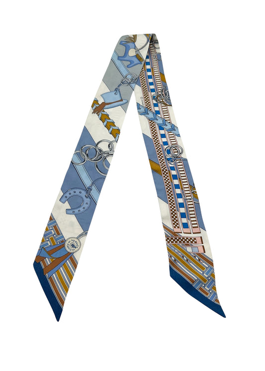 HERMÈS Twilly Brides et Gris Gris Blue Jean White 100% Silk