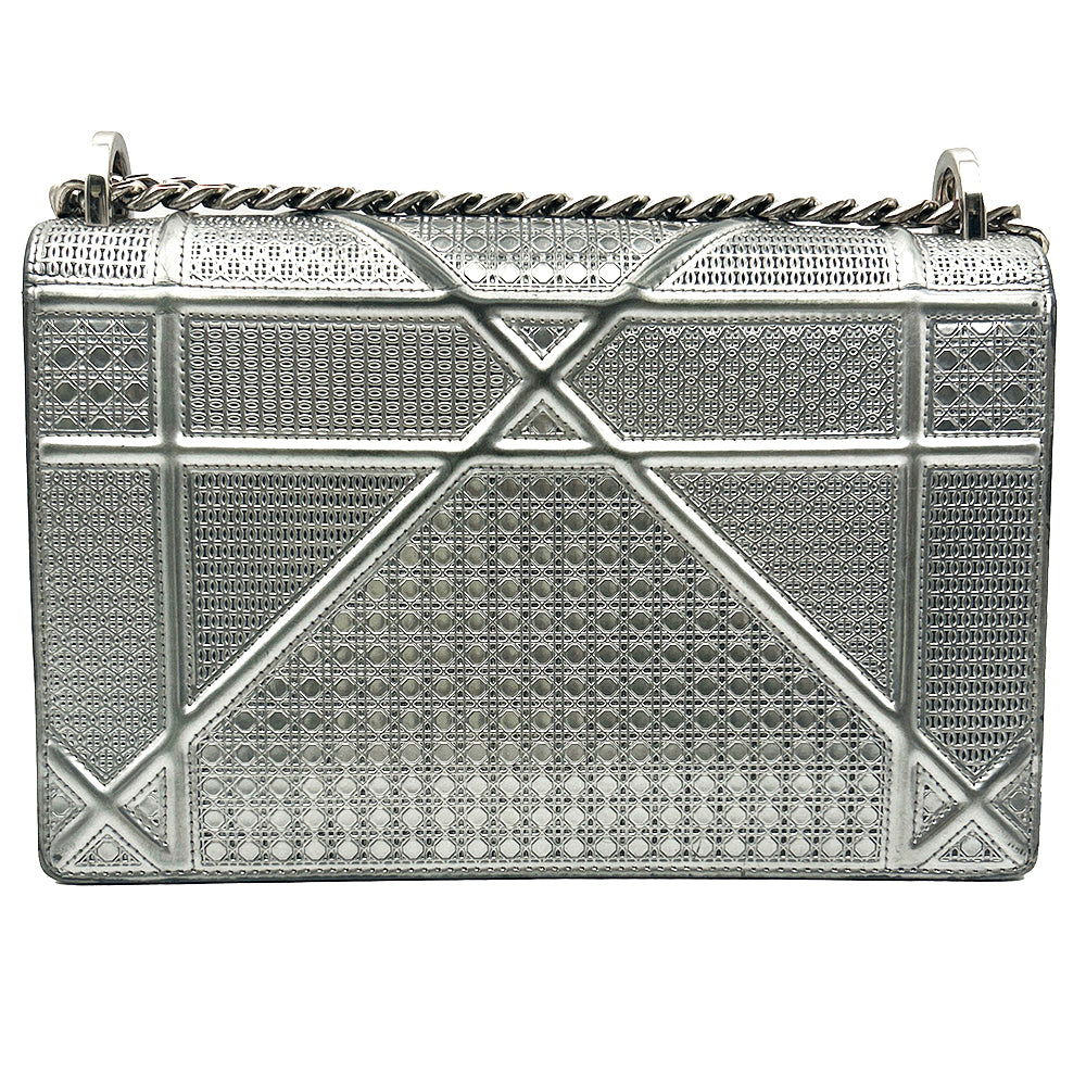 Christian Dior Silver Metallic Micro Cannage Patent Medium Diorama Flap Bag