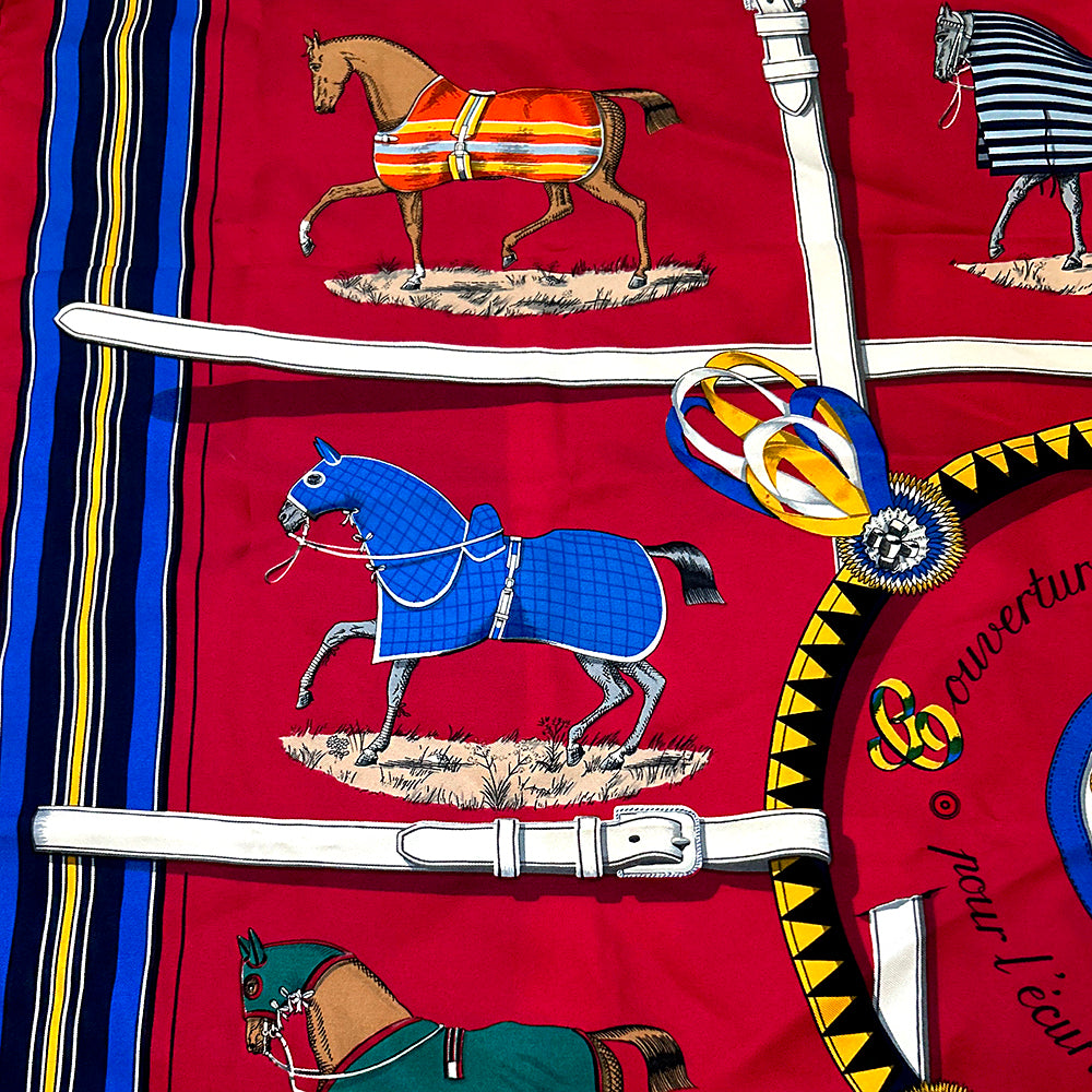 Hermès Scarf Red Couvertures Tenues Jour Horse Equestrian 100% Silk