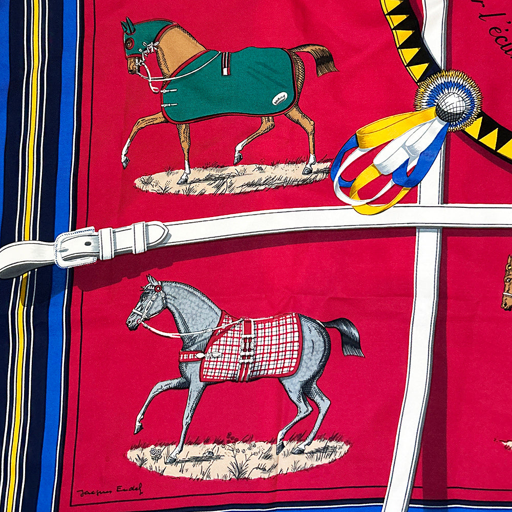 Hermès Scarf Red Couvertures Tenues Jour Horse Equestrian 100% Silk
