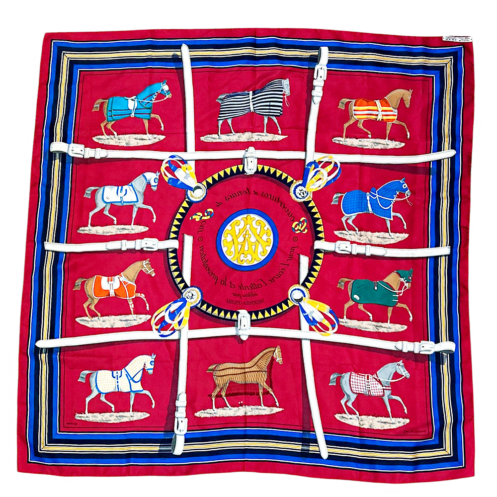 Hermès Scarf Red Couvertures Tenues Jour Horse Equestrian 100% Silk