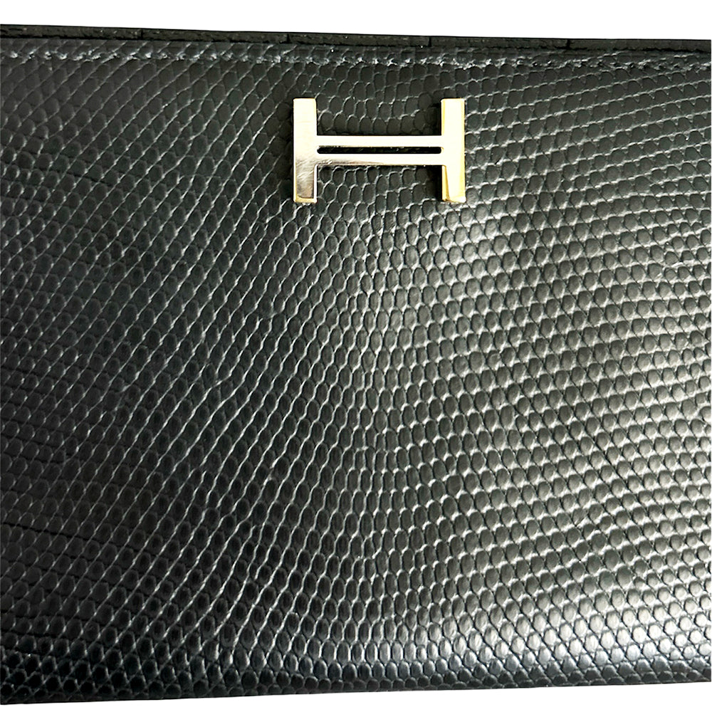 HERMES Lizard Bean Classic Long Wallet Black