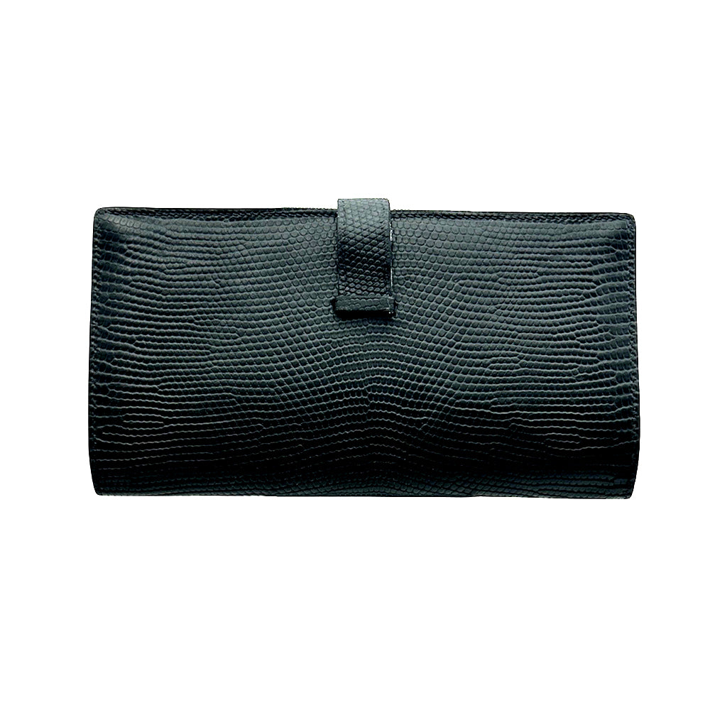 HERMES Lizard Bean Classic Long Wallet Black