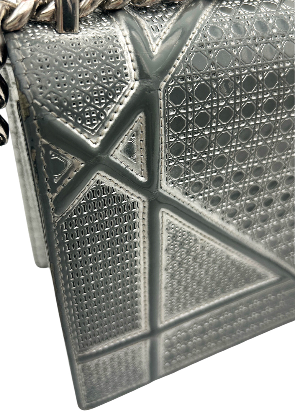 Christian Dior Silver Metallic Micro Cannage Patent Medium Diorama Flap Bag