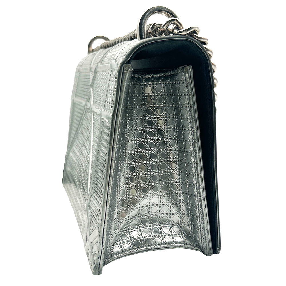 Christian Dior Silver Metallic Micro Cannage Patent Medium Diorama Flap Bag