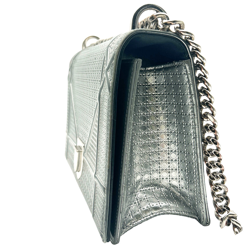 Christian Dior Silver Metallic Micro Cannage Patent Medium Diorama Flap Bag